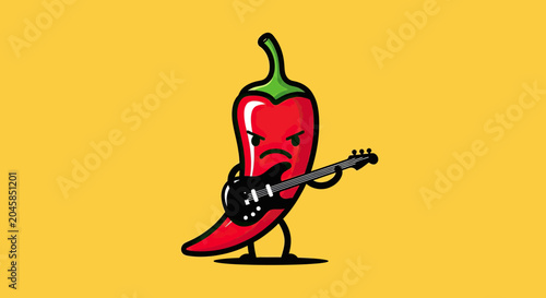 Red chili pepper character playing electric guitar on yellow.