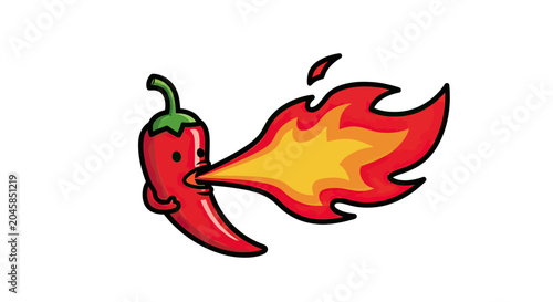 Red chili pepper character breathing fire on white background.