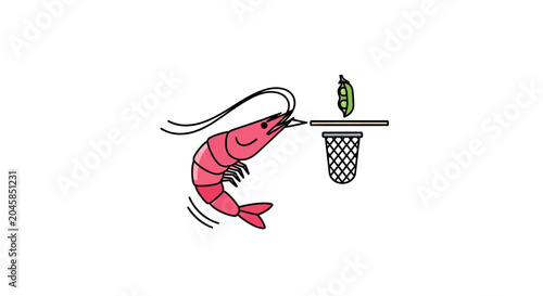Shrimp character dunking a pea into a basket.