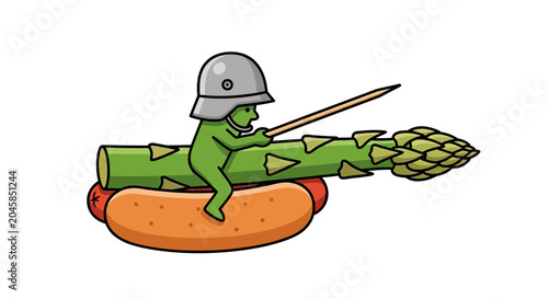 Small soldier riding an asparagus spear in a hotdog bun.