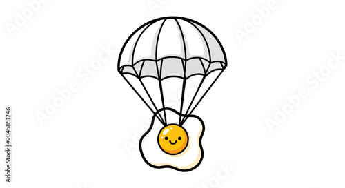 Smiling fried egg character floating with a parachute.