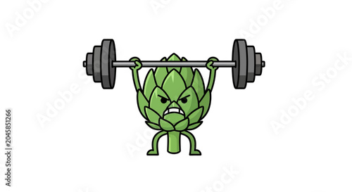 Strong artichoke character lifting a heavy barbell cartoon.