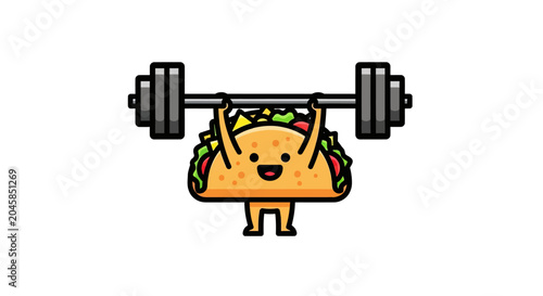 Strong cartoon taco character lifting heavy iron barbell.