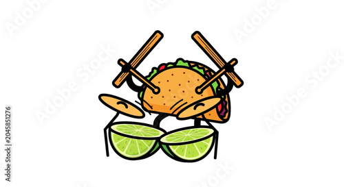 Taco character playing drums using lime slice cymbals.