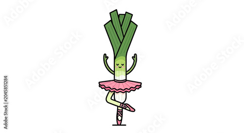 Tall leek cartoon character dancing ballet in a pink tutu.