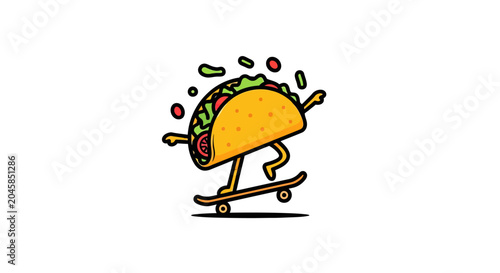 Taco character riding a skateboard and doing a trick.