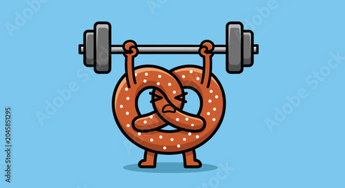 Strong pretzel character lifting a barbell cartoon illustration.