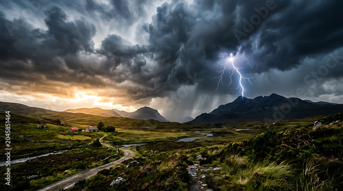 Intense Lightning Storm Over Mountain Landscape. Dramatic Weather, Rain & Sunset for Climate & Risk Visuals.