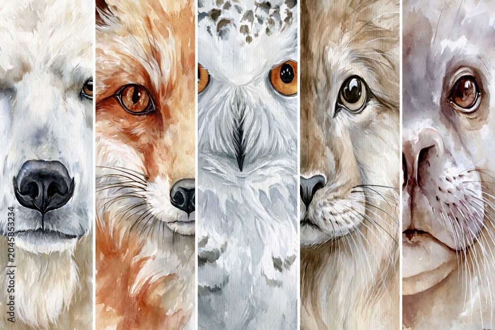 Fototapeta premium A watercolor collage featuring close-up portraits of five distinct wild animals in vertical panels.