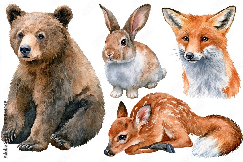 Naklejka premium Watercolor illustration of forest animals: bear cub, rabbit, fox, and fawn on a white background.