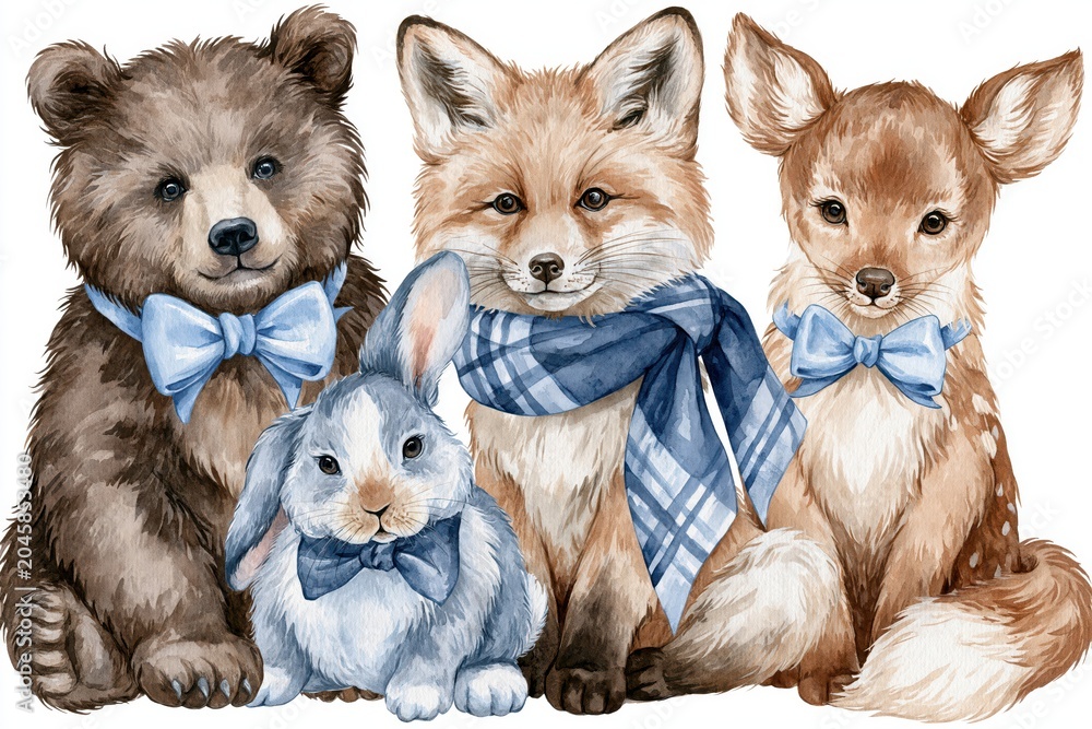Fototapeta premium Adorable watercolor illustration of a bear, fox, deer, and rabbit wearing blue bows and scarves.