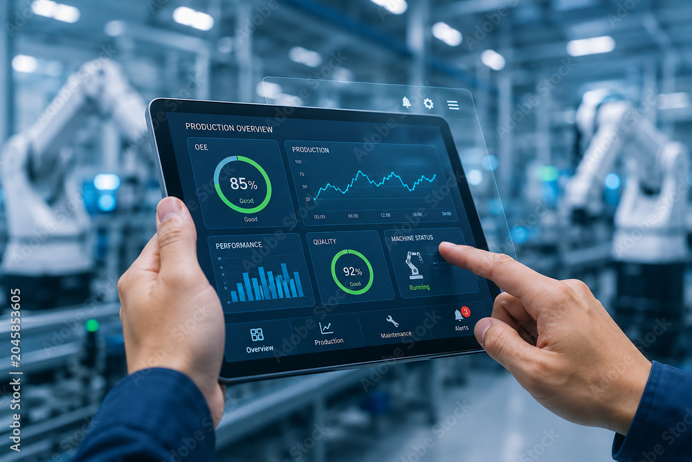 Smart Factory Production Dashboard on Tablet in Industrial Automation Plant