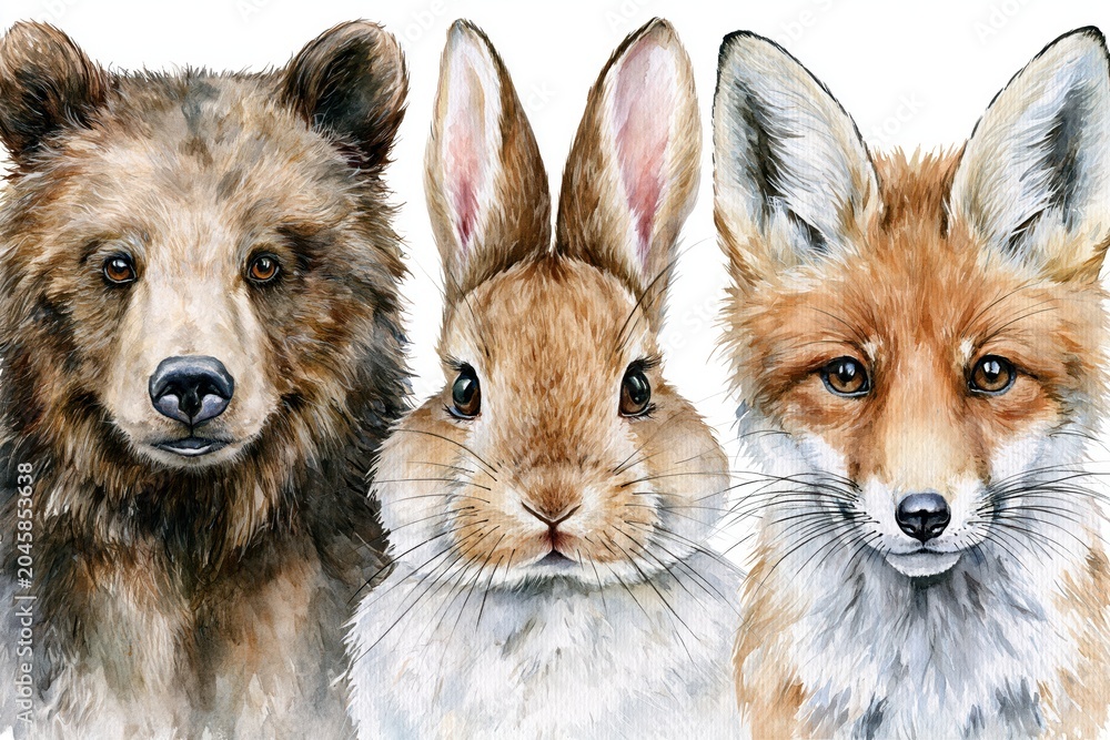 Naklejka premium Watercolor portrait of a bear, rabbit, and fox facing forward, showcasing their detailed fur and expressive eyes.