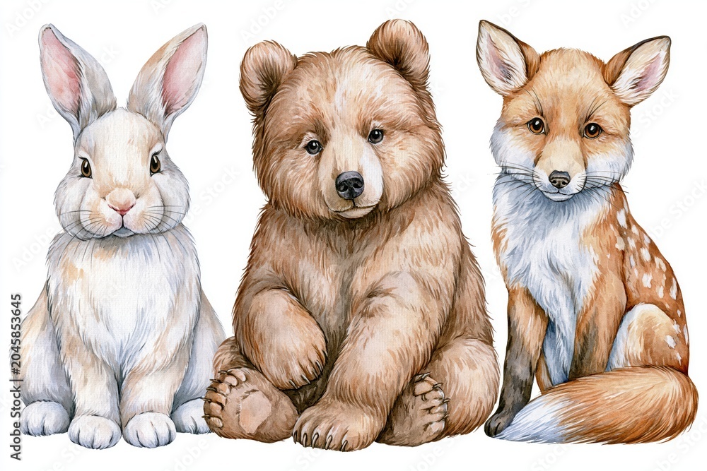 Naklejka premium Adorable watercolor illustration of a fluffy white rabbit, a cute brown bear cub, and a playful fox cub sitting together.