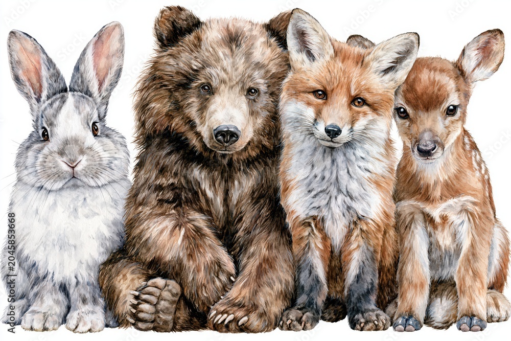 Naklejka premium Adorable watercolor illustration of a rabbit, bear cub, fox kit, and fawn sitting together in friendship