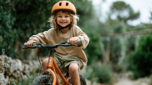 An exuberant young child rides a bicycle through a lush natural landscape, grinning ear to ear, wholeheartedly embracing the joys of childhood and freedom in the outdoors.