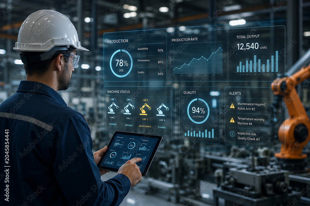 Engineer using digital tablet to monitor industrial production and automation in smart factory