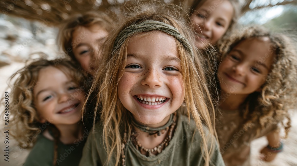 Fototapeta premium Five cheerful children gather together to capture a moment of fun and friendship, their smiles radiating joy, promoting the importance of childhood and imaginative play.