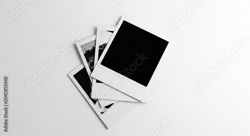 Stack of blank instant photographs on a clean white background for creative projects and nostalgic memories or photo collection displays