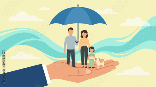 Obraz na plátně Family with child and pet under umbrella on protective hand