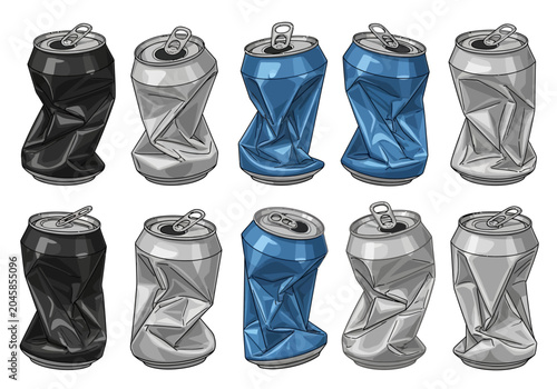 Fotografie Set of Crushed Aluminum Cans in Black Blue and Silver, Vector Illustration of Re