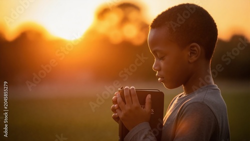 Spiritual young boy praying with bible at sunset. African american child with closed eyes holding holy book in faith and devotion