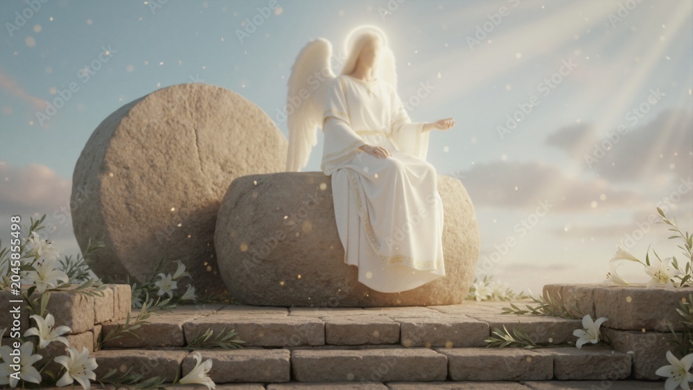 Obraz premium Angel sitting on stone of empty tomb. Resurrection of Jesus Christ concept. Easter morning with white lilies and divine light