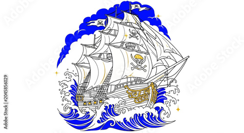 Foto Pirate Ship Sailing on Wavy Ocean with Skull Flags