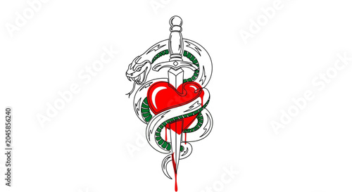 Foto Snake Wrapped Around Heart Impaled by Sword, Blood Dripping