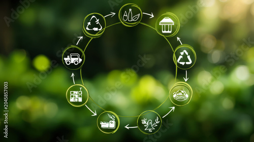 Circular diagram showing various stages of recycling process with green symbols on dark background
