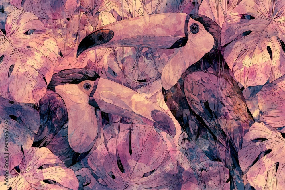 Naklejka premium Artistic watercolor illustration of two toucans nestled amongst vibrant tropical monstera leaves in shades of pink and purple.