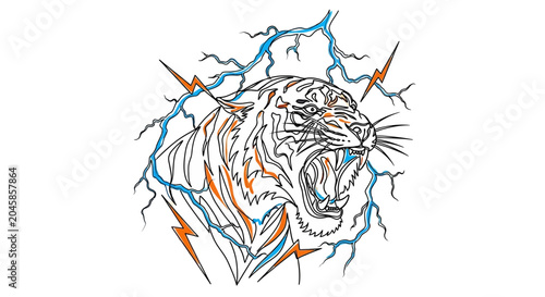 Bild auf Leinwand Fierce Tiger Roaring with Lightning Bolts - Graphic Illustration