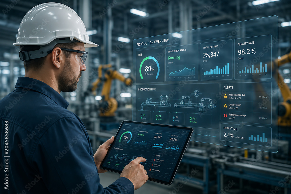 Engineer using digital tablet with holographic interface for industrial production monitoring in smart factory