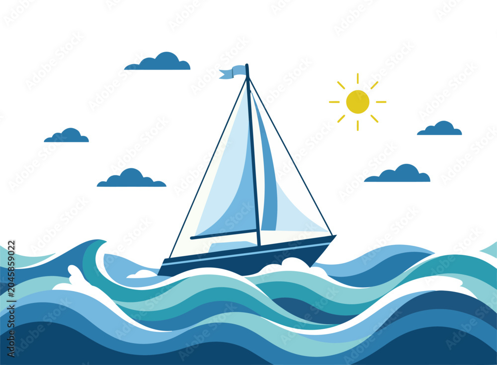 Fototapeta premium Sailboat Sailing on Ocean Waves Vector Illustration – Nautical Sea Adventure, Marine Travel and Summer Vacation Concept