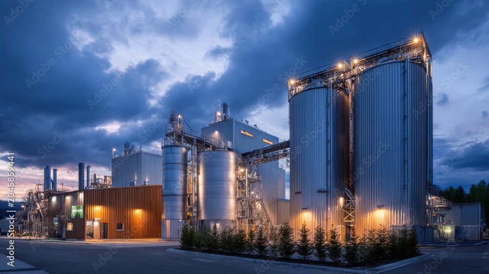 Obraz premium Industrial food processing plant facility at twilight