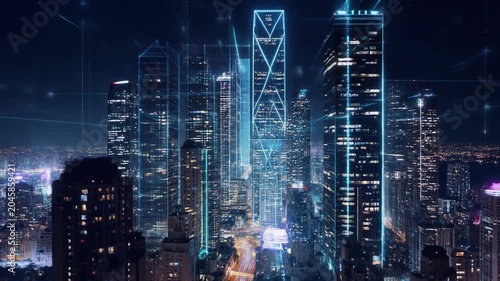 Glowing digital grid lines overlaying a modern metropolitan city skyline in this futuristic motion animation clip