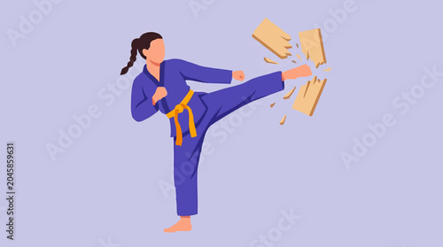 Foto Female Martial Artist Breaking a Board with a Powerful Kick in Gi