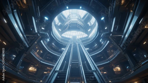 Futuristic moving escalator in a sleek modern architectural building interior shown in motion video clip animation