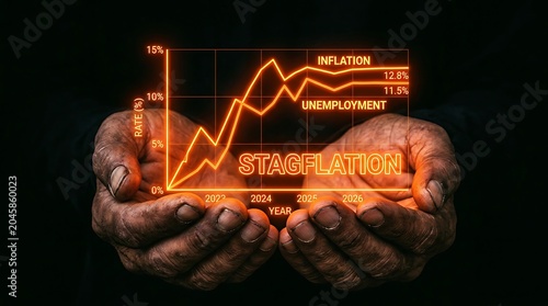 Hands holding a glowing graph illustrating stagflation with rising inflation and unemployment.