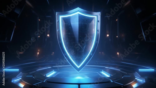 Glowing digital security shield animation floating above a mechanical platform in a dark futuristic video clip