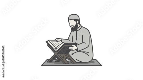Fotografija Muslim man reading Quran on a rehal, prayer mat, Islamic culture illustration