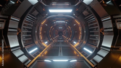 Futuristic metallic tunnel corridor with glowing orange lights moving forward in this seamless sci-fi animation clip