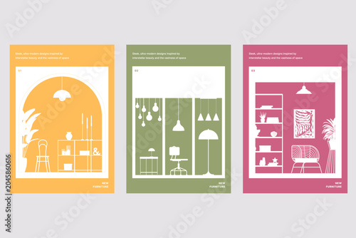 Furniture showroom flyer collection with interior room illustrations. Flat vector illustration isolated on white background