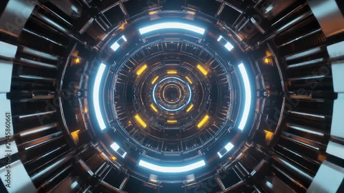 Futuristic circular tunnel with glowing neon lights moving in a high speed digital motion video footage