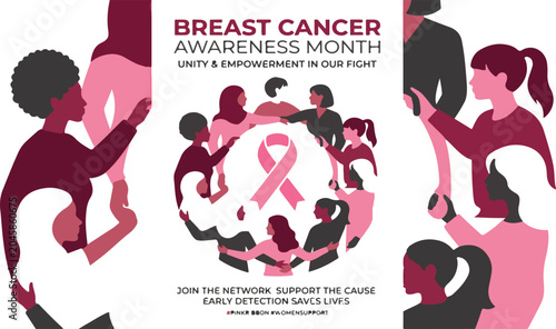 Breast cancer awareness month banner with diverse women unity concept