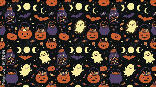 Halloween seamless pattern with pumpkin baskets candy and cute ghosts