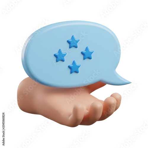 3D Render of Hand Holding Speech Bubble with Stars