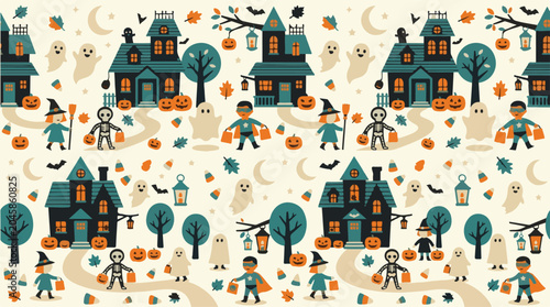 Halloween seamless pattern with haunted houses ghosts and cute kids