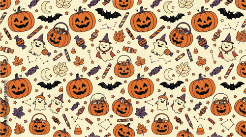 Seamless pattern with halloween pumpkins and cute ghosts design