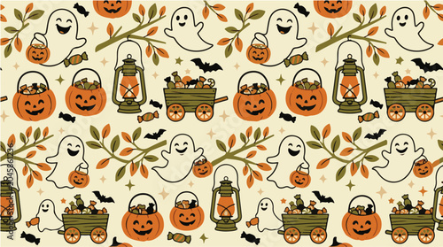 Seamless pattern with cute ghosts and pumpkins for halloween